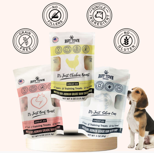 Single Ingredient Treats Combo – Beef Heart , Silver Carp & Chicken Breast